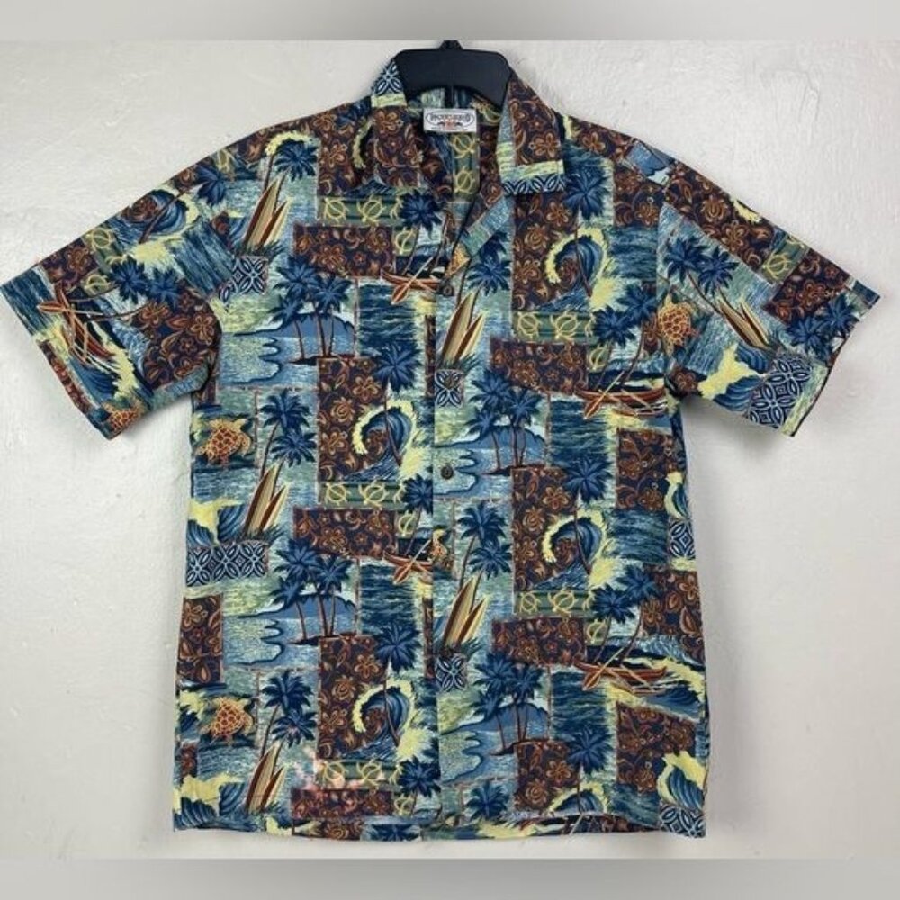 Pacific Legend Men's Medium Blue Brown Hawaiian Button Shirt cotton Hawaii